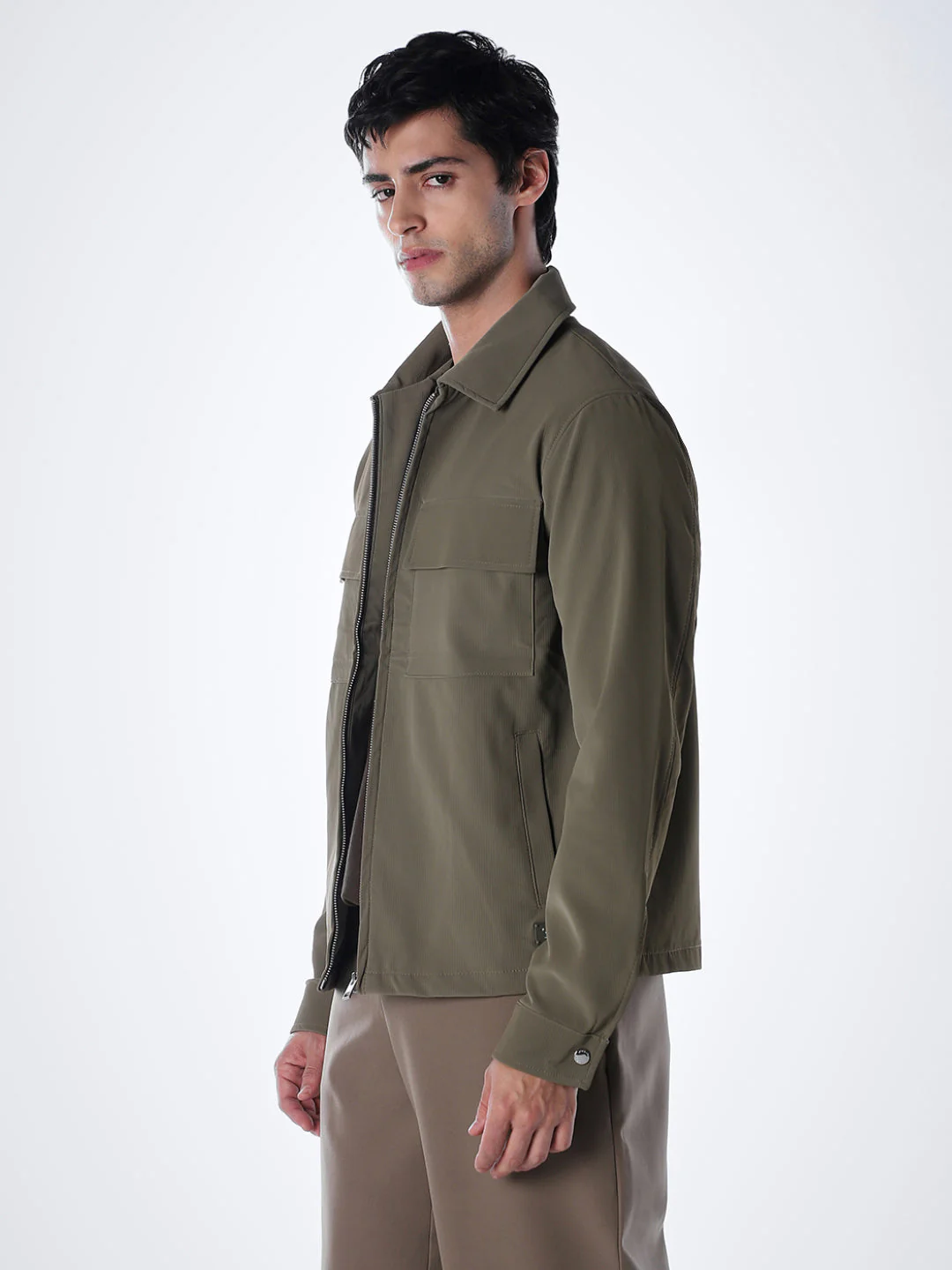 Zip-Front Casual Jacket - Olive Green - Image 3