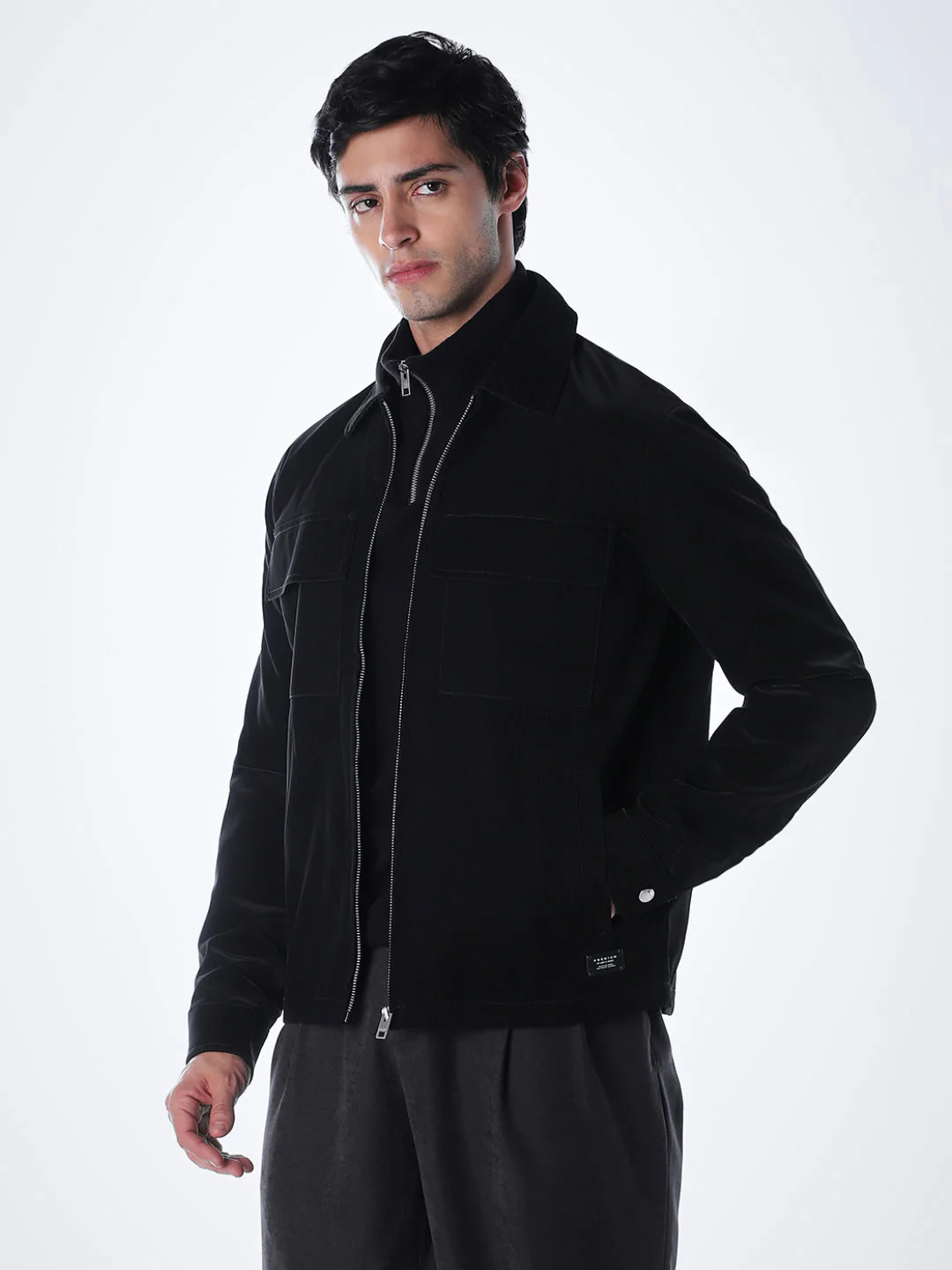 Zip-Front Casual Jacket - Black - Image 3