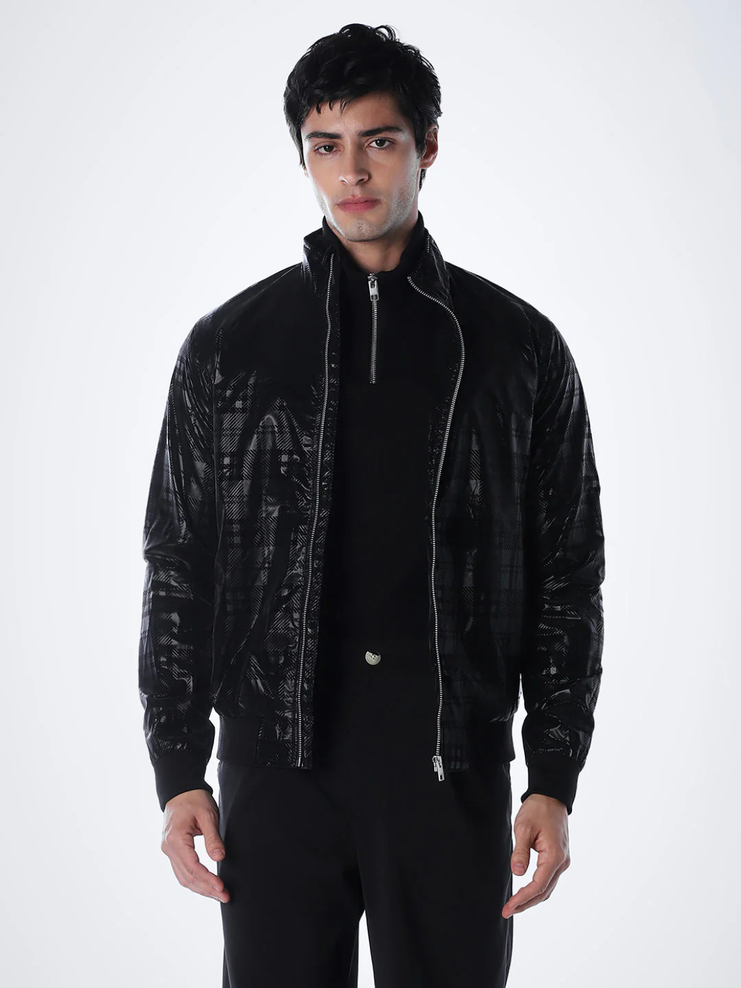 Black Gloss Finish Check Jacket - Image 2