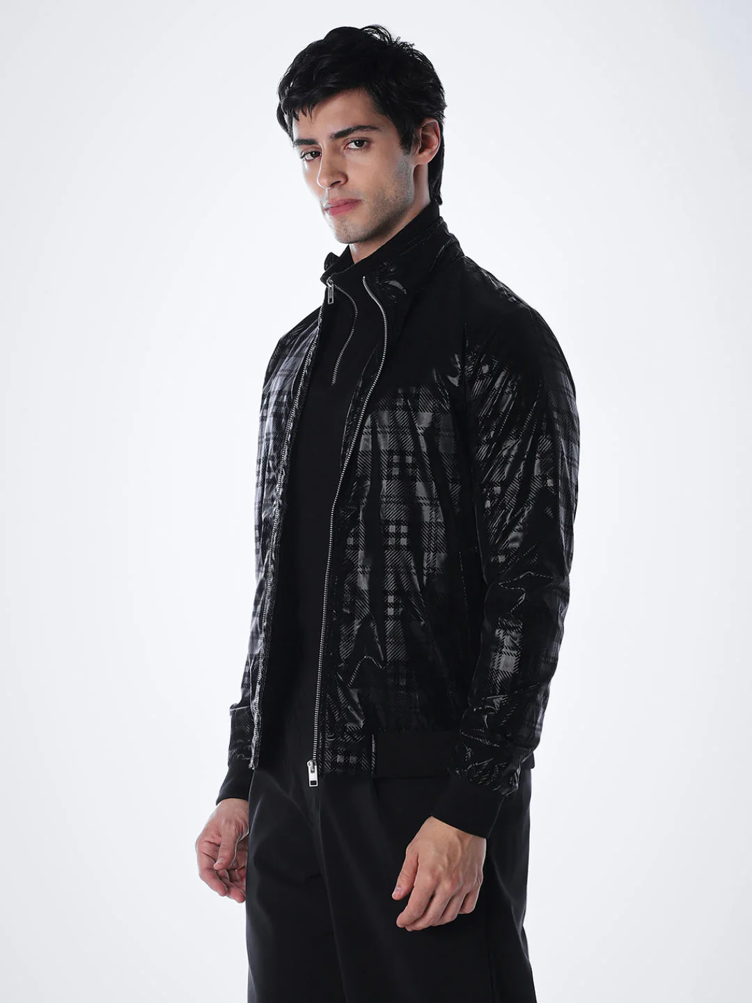 Black Gloss Finish Check Jacket - Image 3