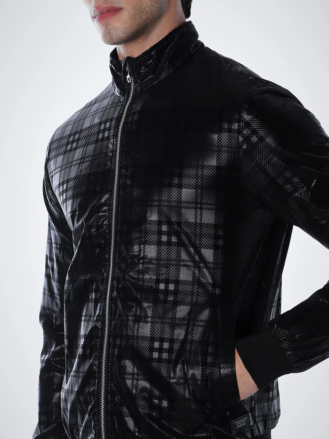 Black Gloss Finish Check Jacket - Image 5