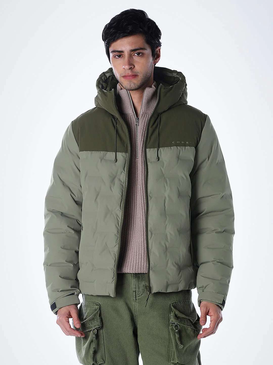 High Neck Quilted Puffer Jacket - Green - Image 2