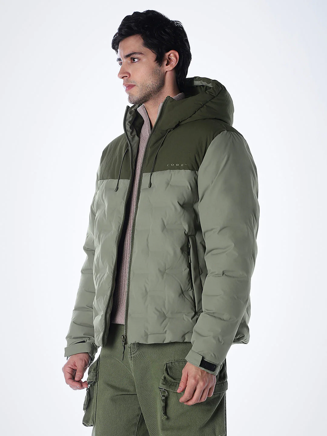 High Neck Quilted Puffer Jacket - Green - Image 3