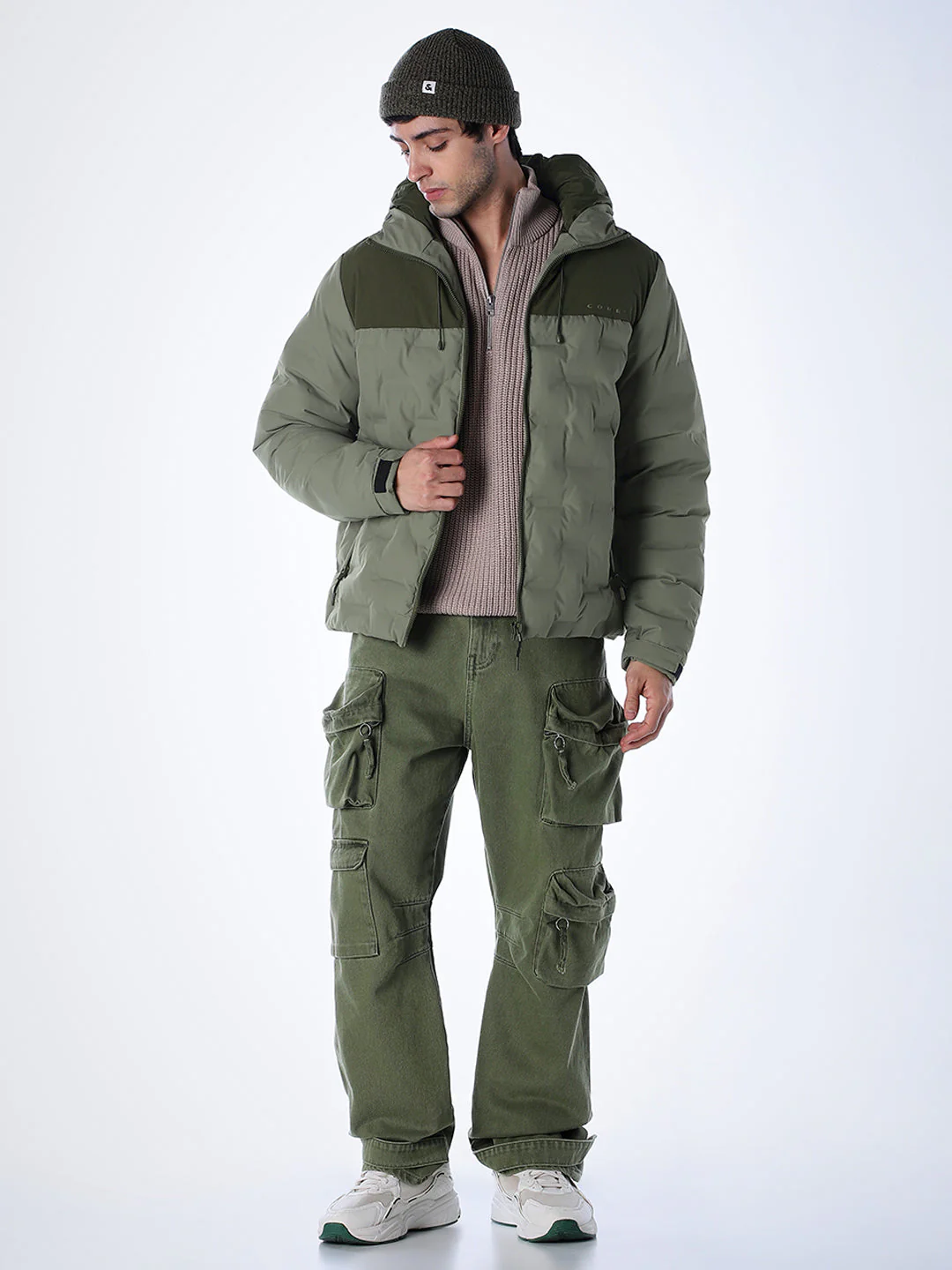High Neck Quilted Puffer Jacket - Green - Image 6