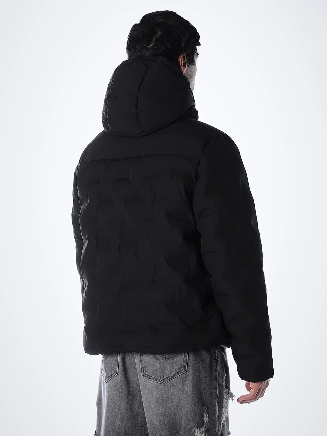 High Neck Quilted Puffer Jacket - Black - Image 4