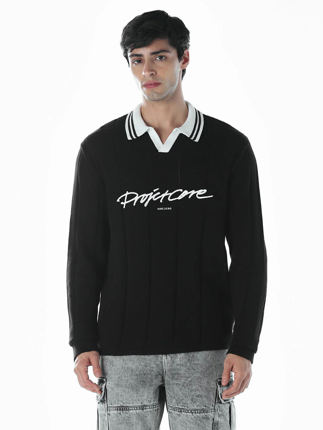 Oversized Knitted Polo - Black - Image 2
