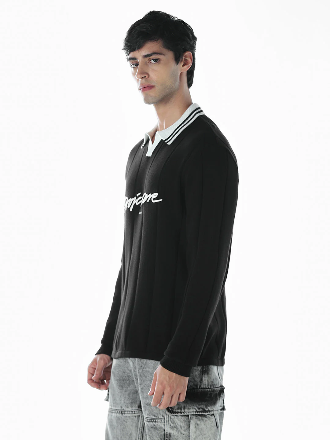 Oversized Knitted Polo - Black - Image 3