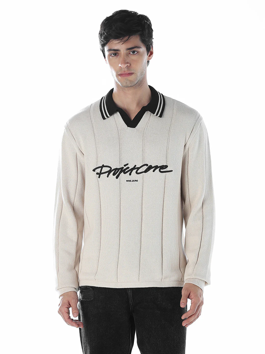 Oversized Knitted Polo - Beige - Image 2