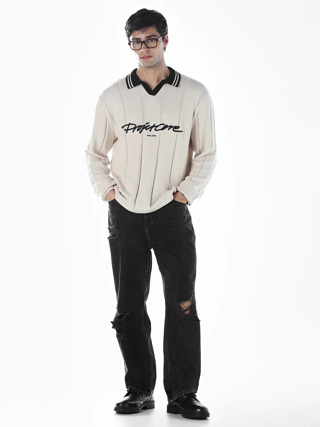 Oversized Knitted Polo - Beige - Image 6