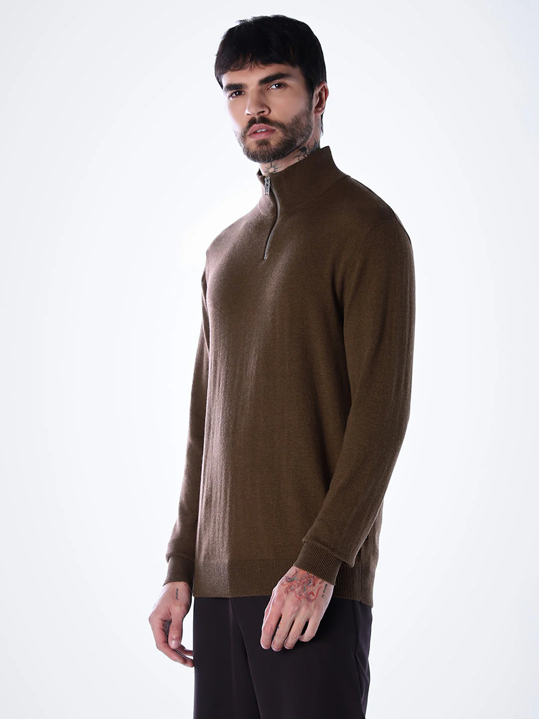 Zip High Neck T-shirt - Dark Brown - Image 3