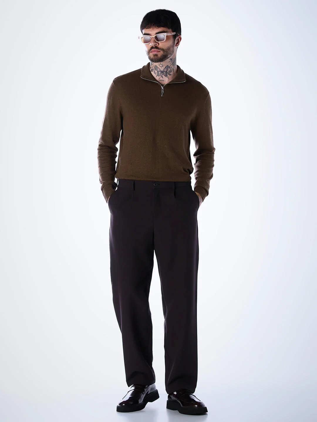 Zip High Neck T-shirt - Dark Brown - Image 6