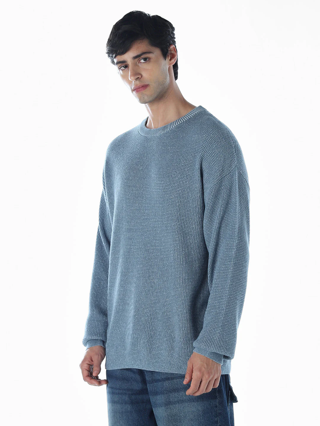 Textured Crew Neck Oversized Pullover - Image 3