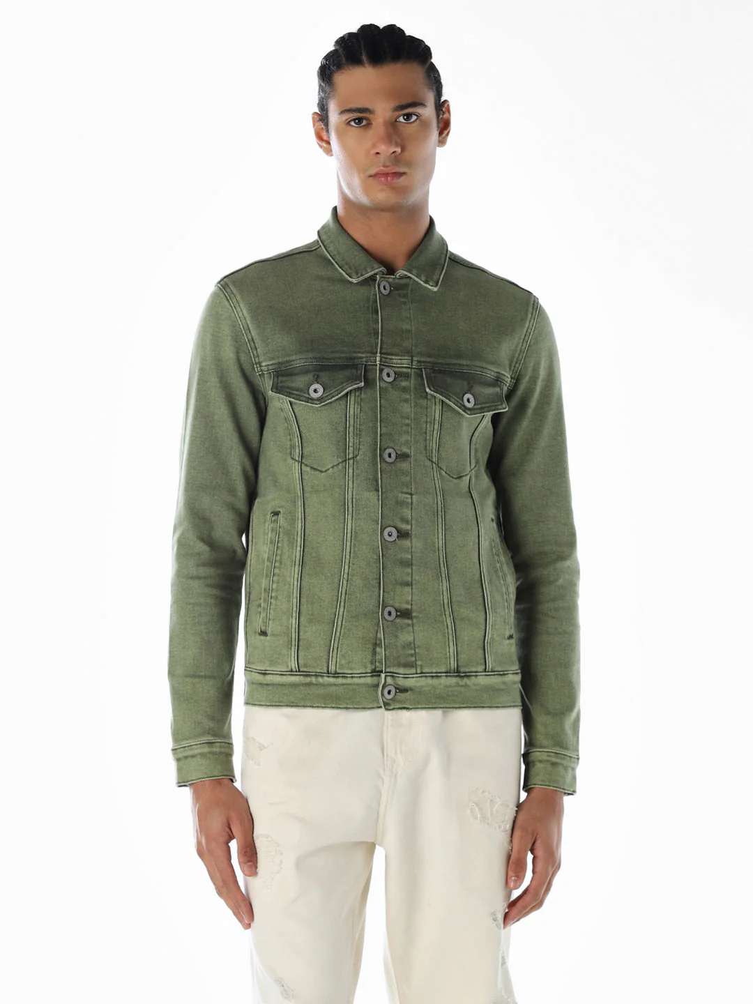Olive Green Regular Fit Denim Jacket - Image 2