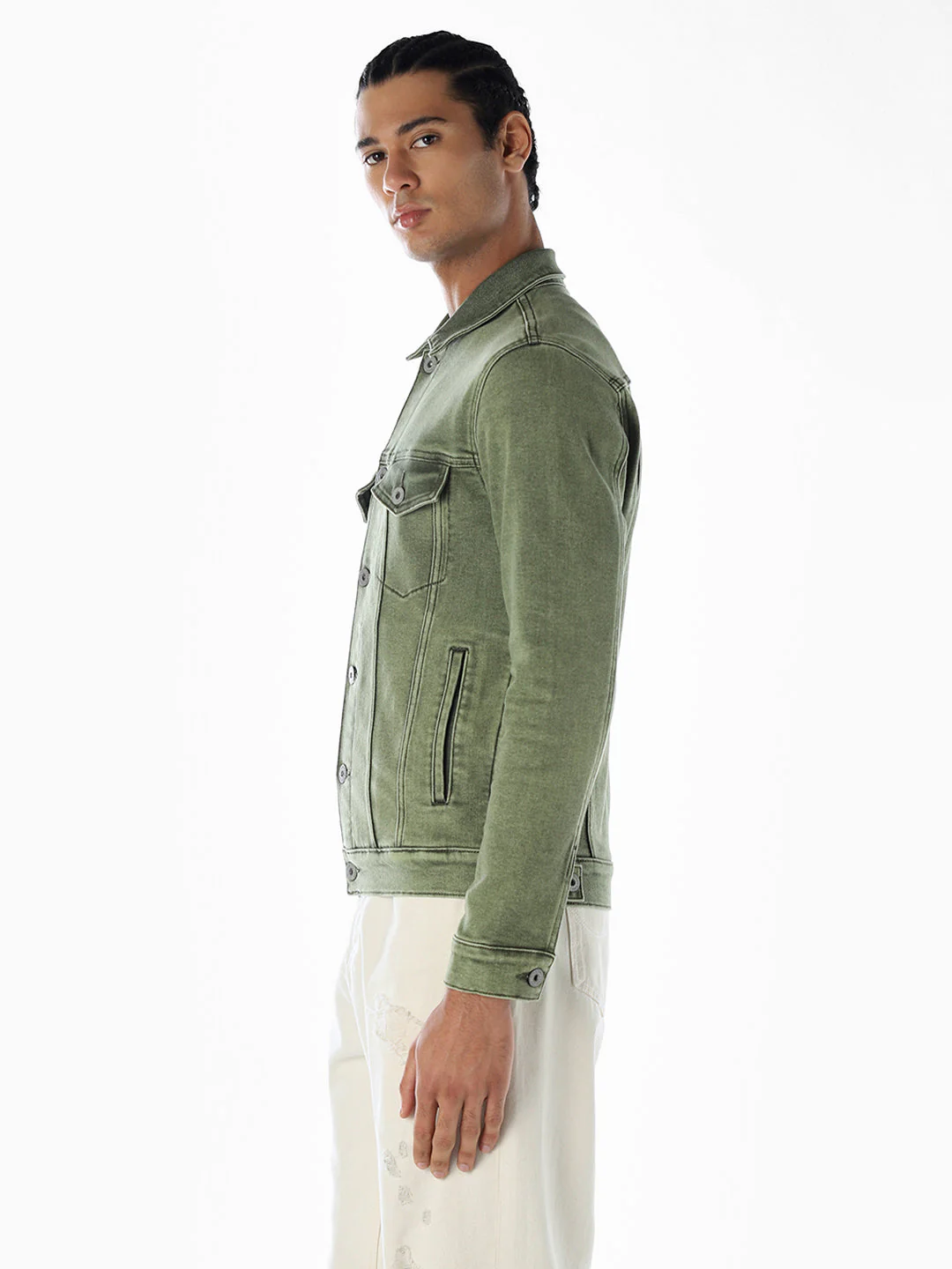 Olive Green Regular Fit Denim Jacket - Image 3