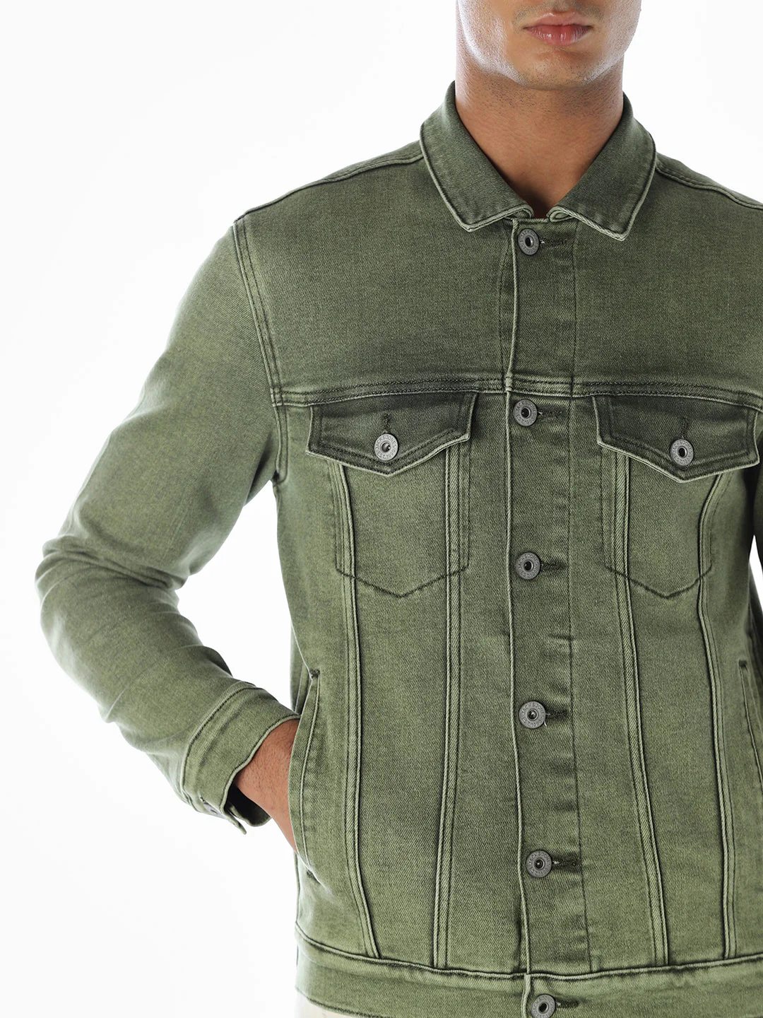 Olive Green Regular Fit Denim Jacket - Image 5
