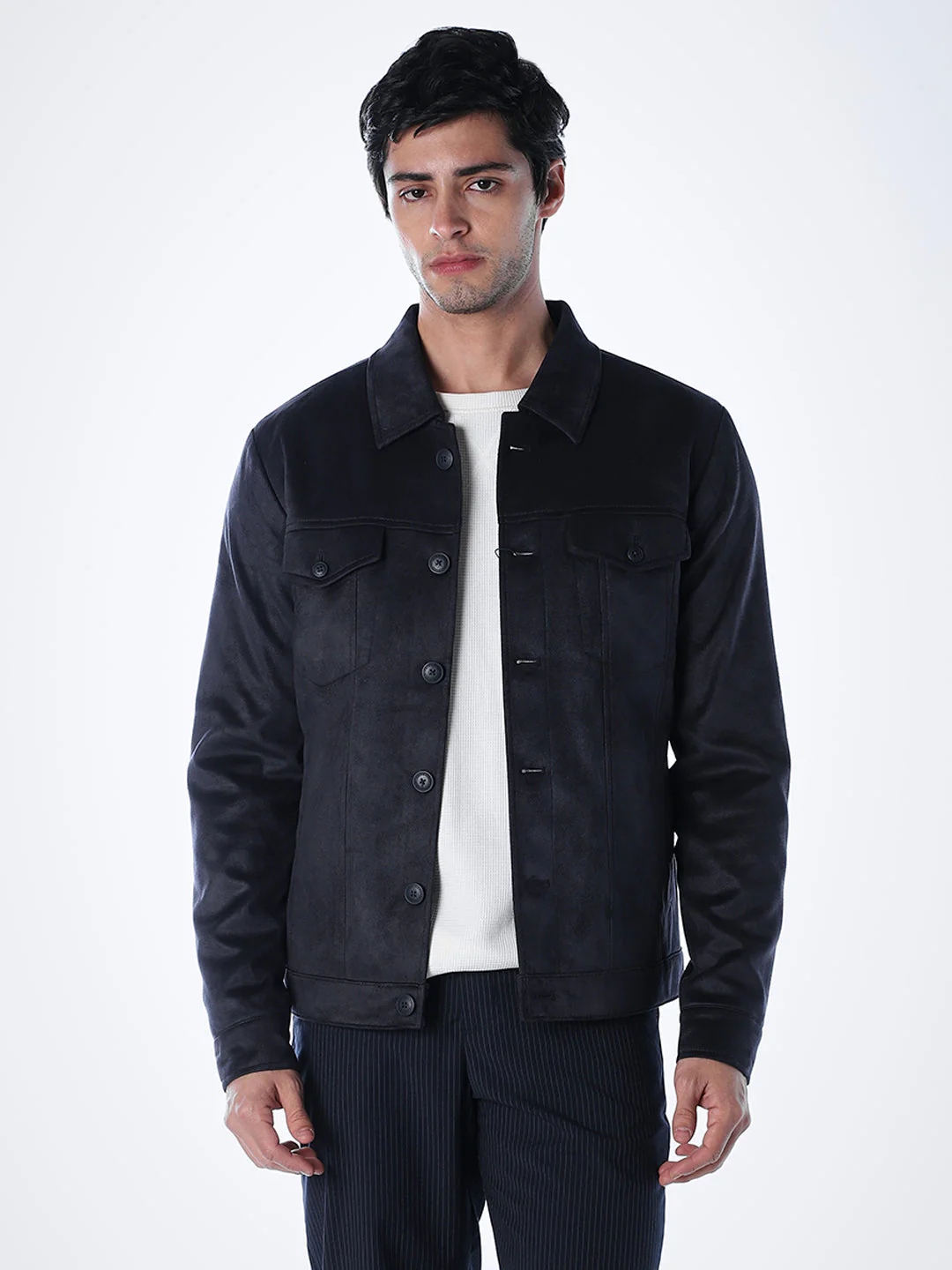 Navy Faux Suede Jacket - Image 2