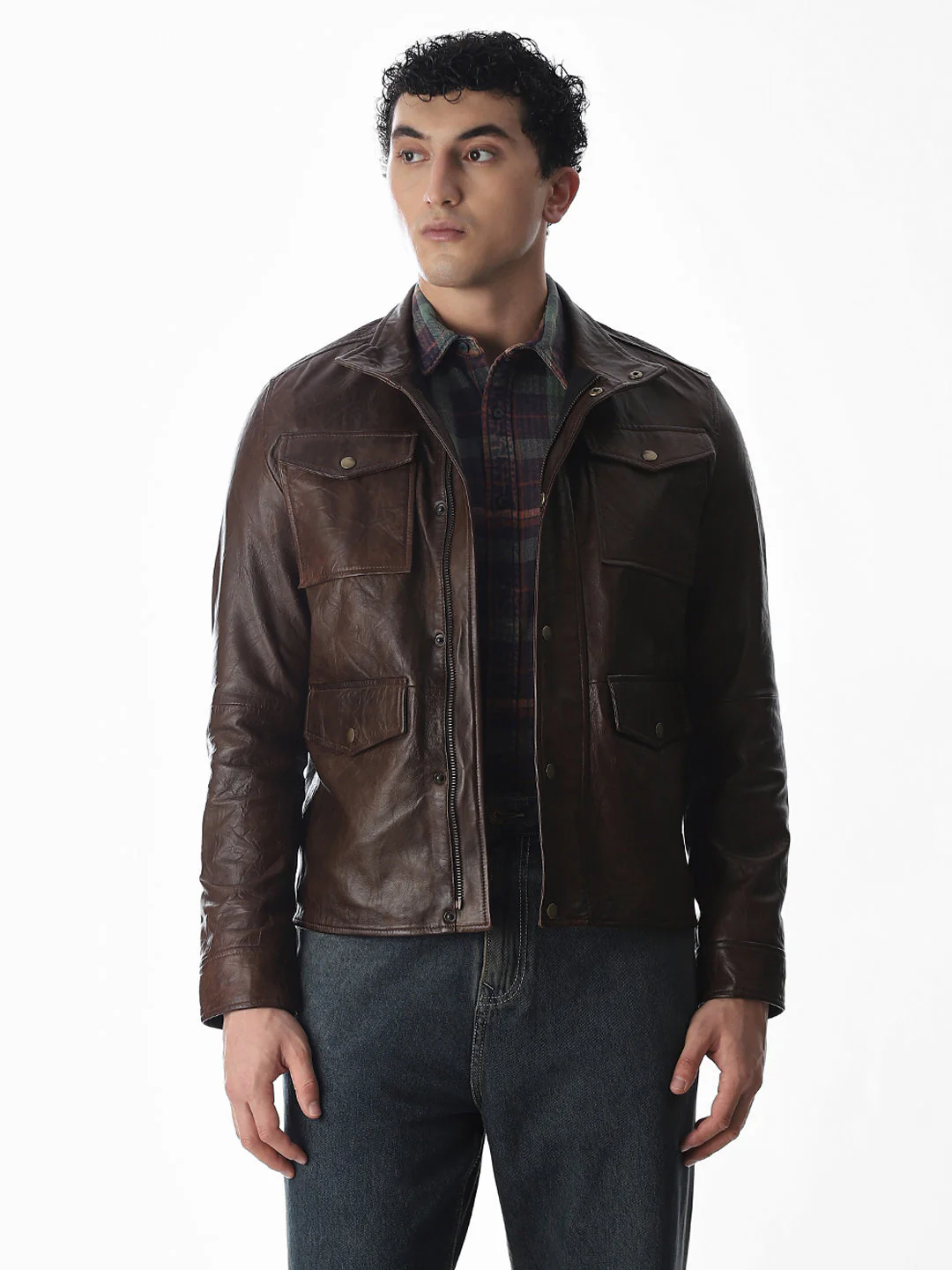 Brown High Neck Leather Jacket - Image 2