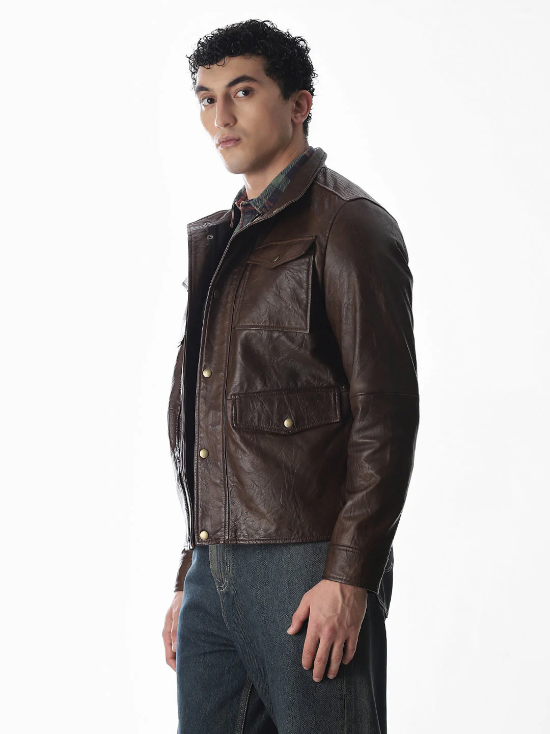 Brown High Neck Leather Jacket - Image 3