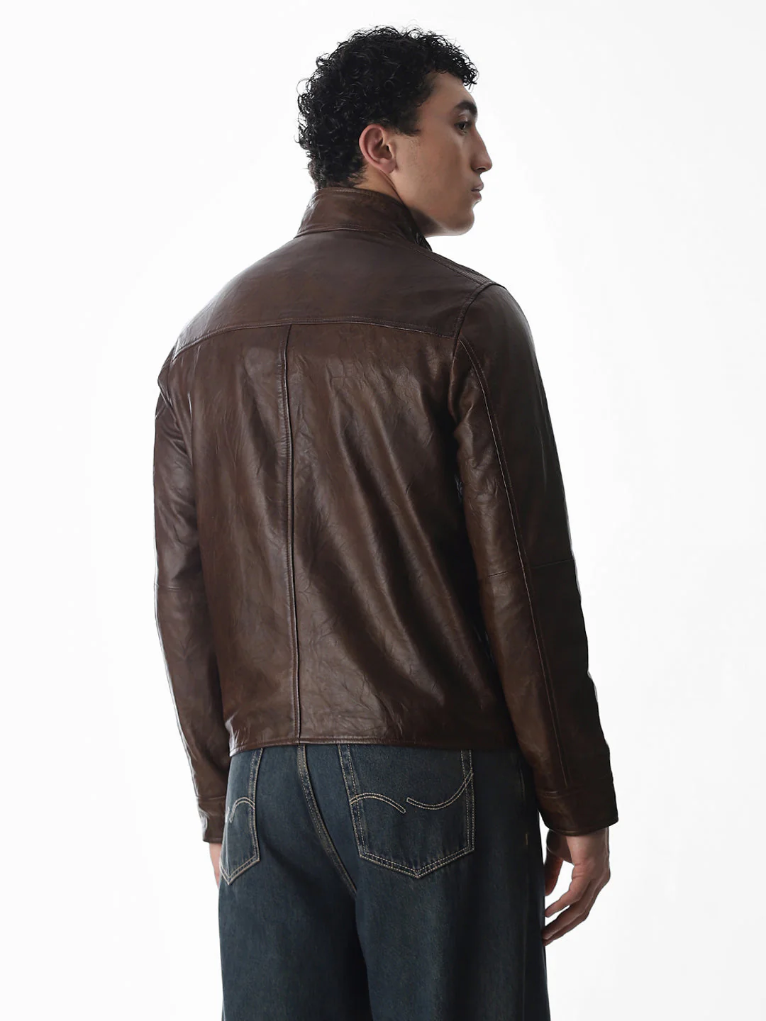 Brown High Neck Leather Jacket - Image 4