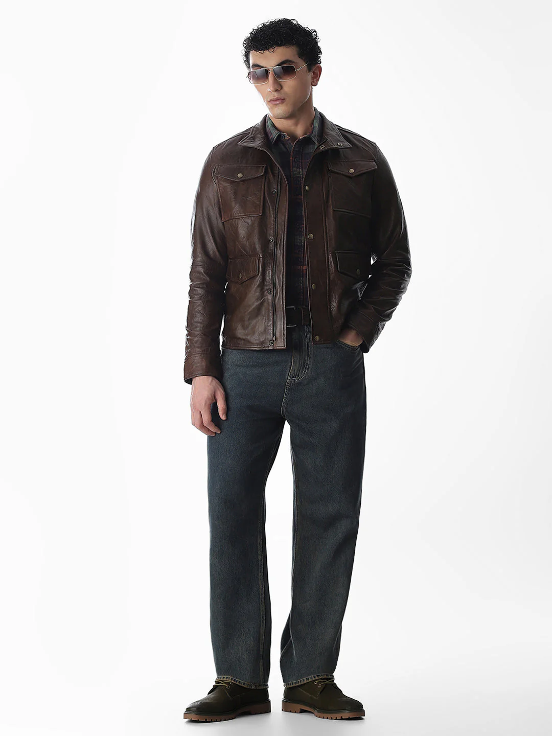 Brown High Neck Leather Jacket - Image 6