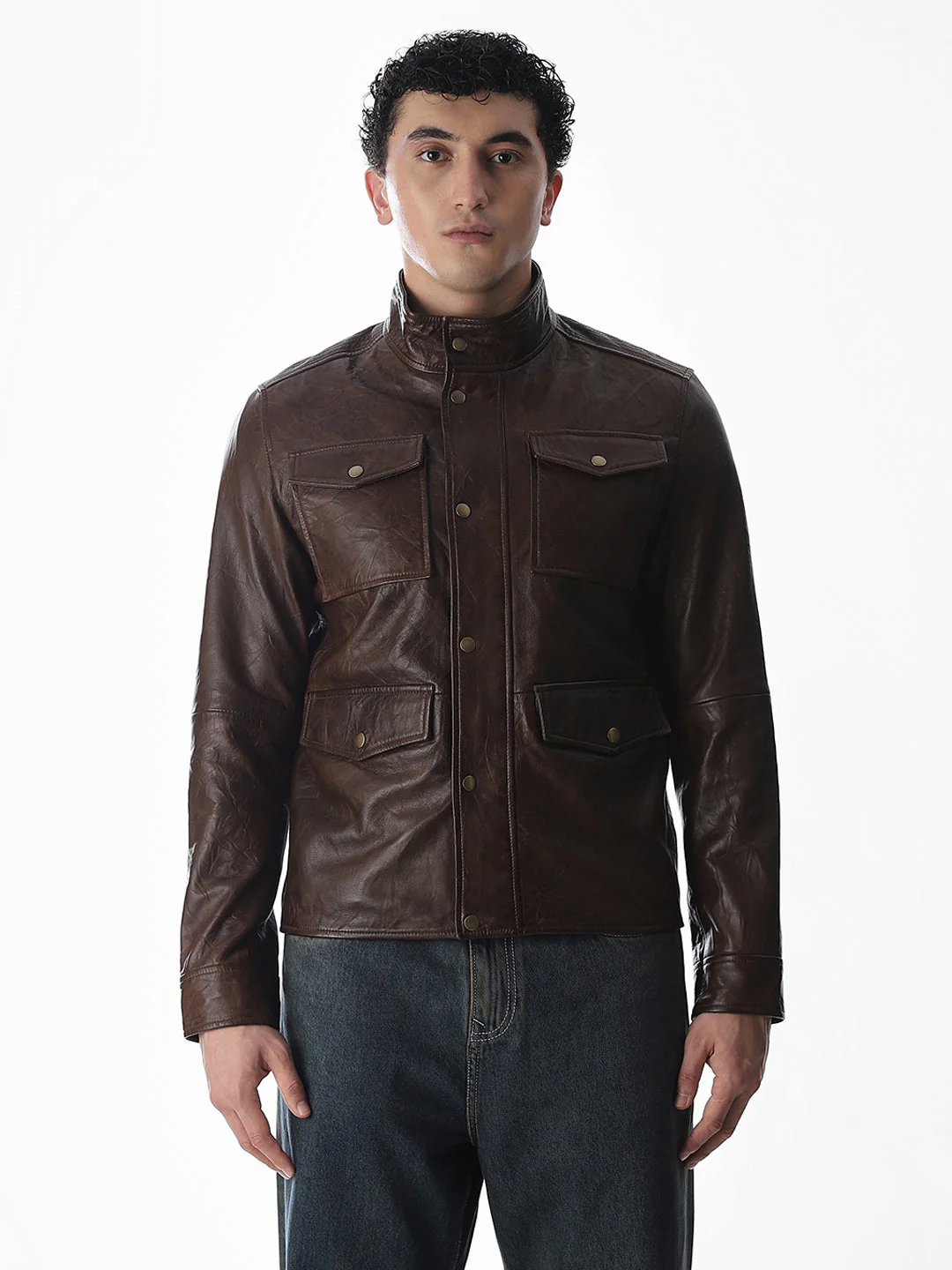 Brown High Neck Leather Jacket - Image 7