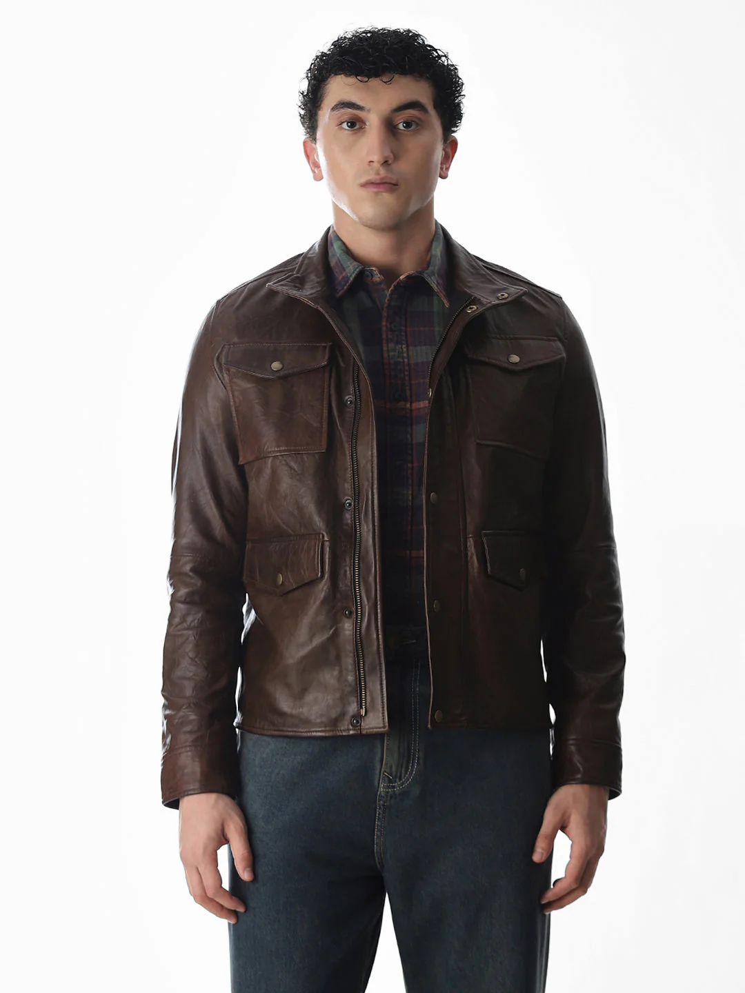 Brown High Neck Leather Jacket - Image 9