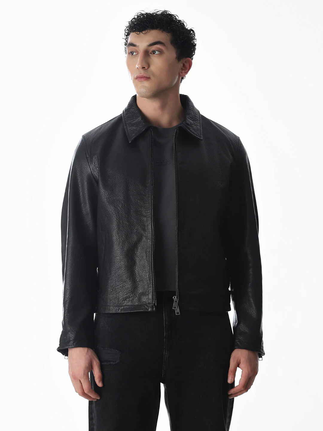 Black Textured Leather Jacket - Image 2