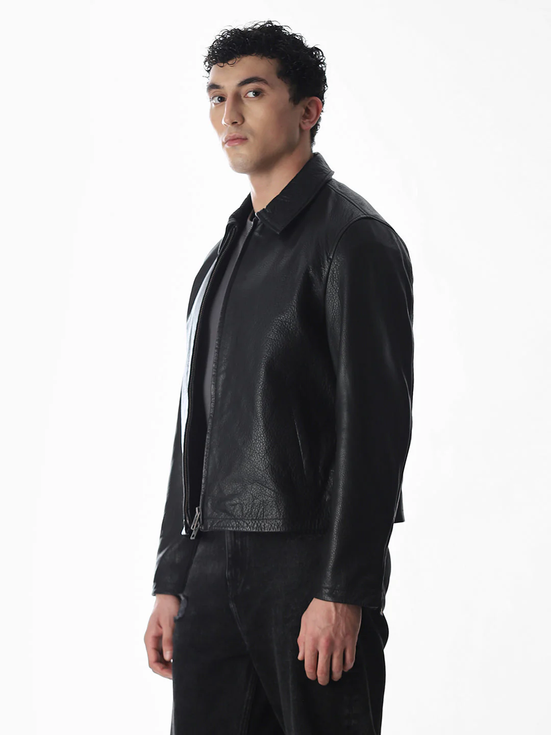 Black Textured Leather Jacket - Image 3