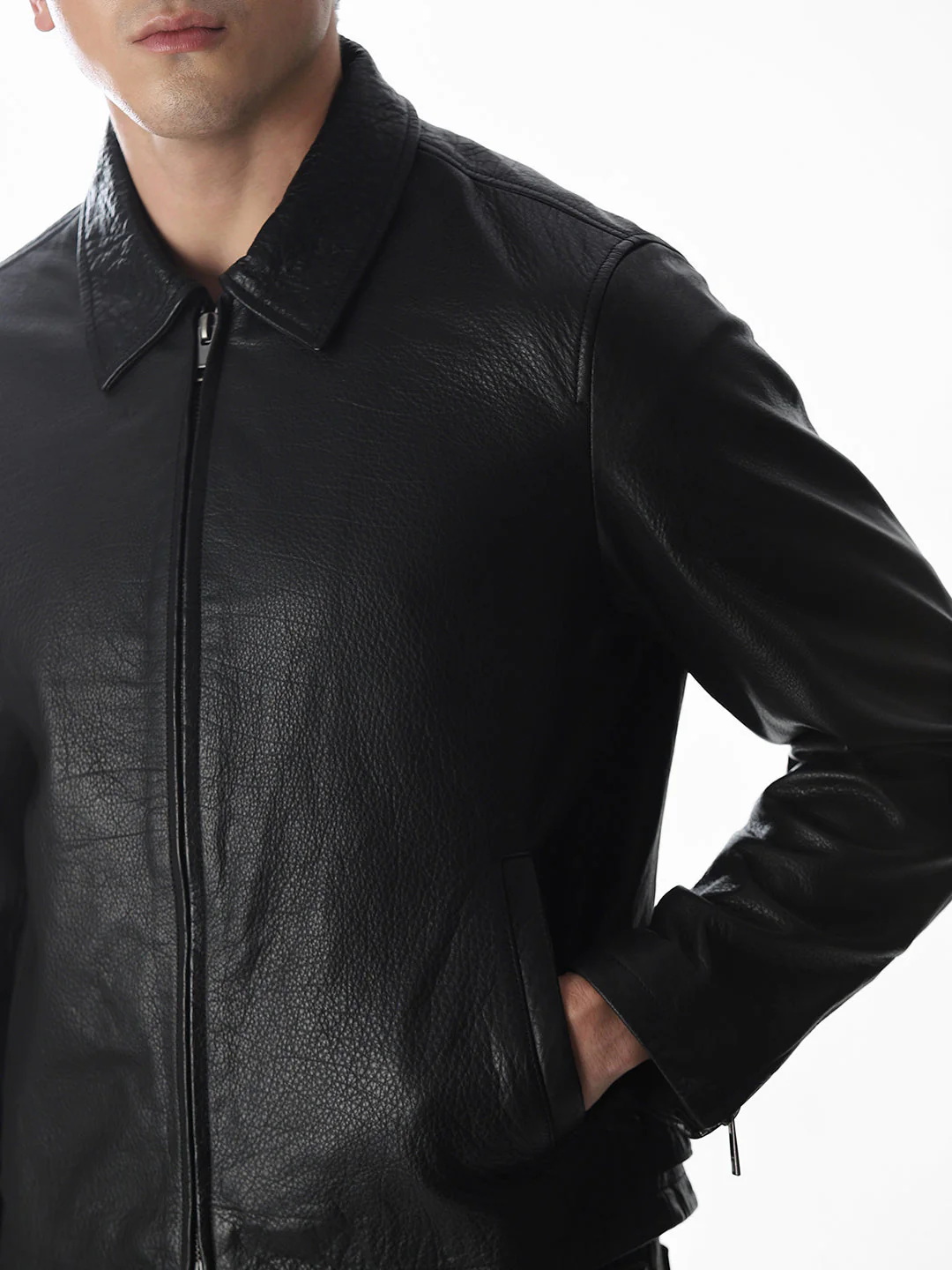 Black Textured Leather Jacket - Image 5
