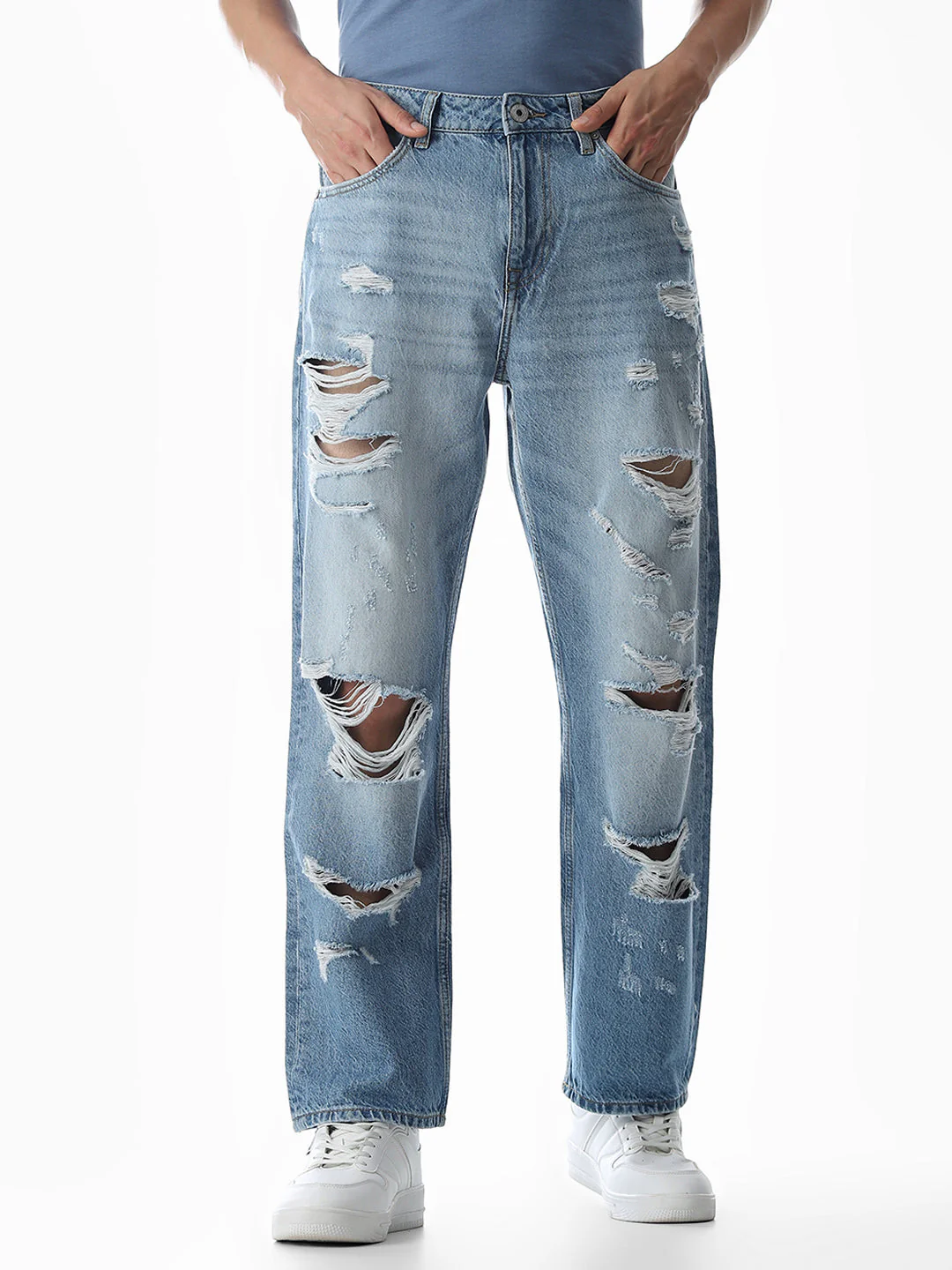 Light Blue Heavily Distressed Eddie Loose Fit Jeans