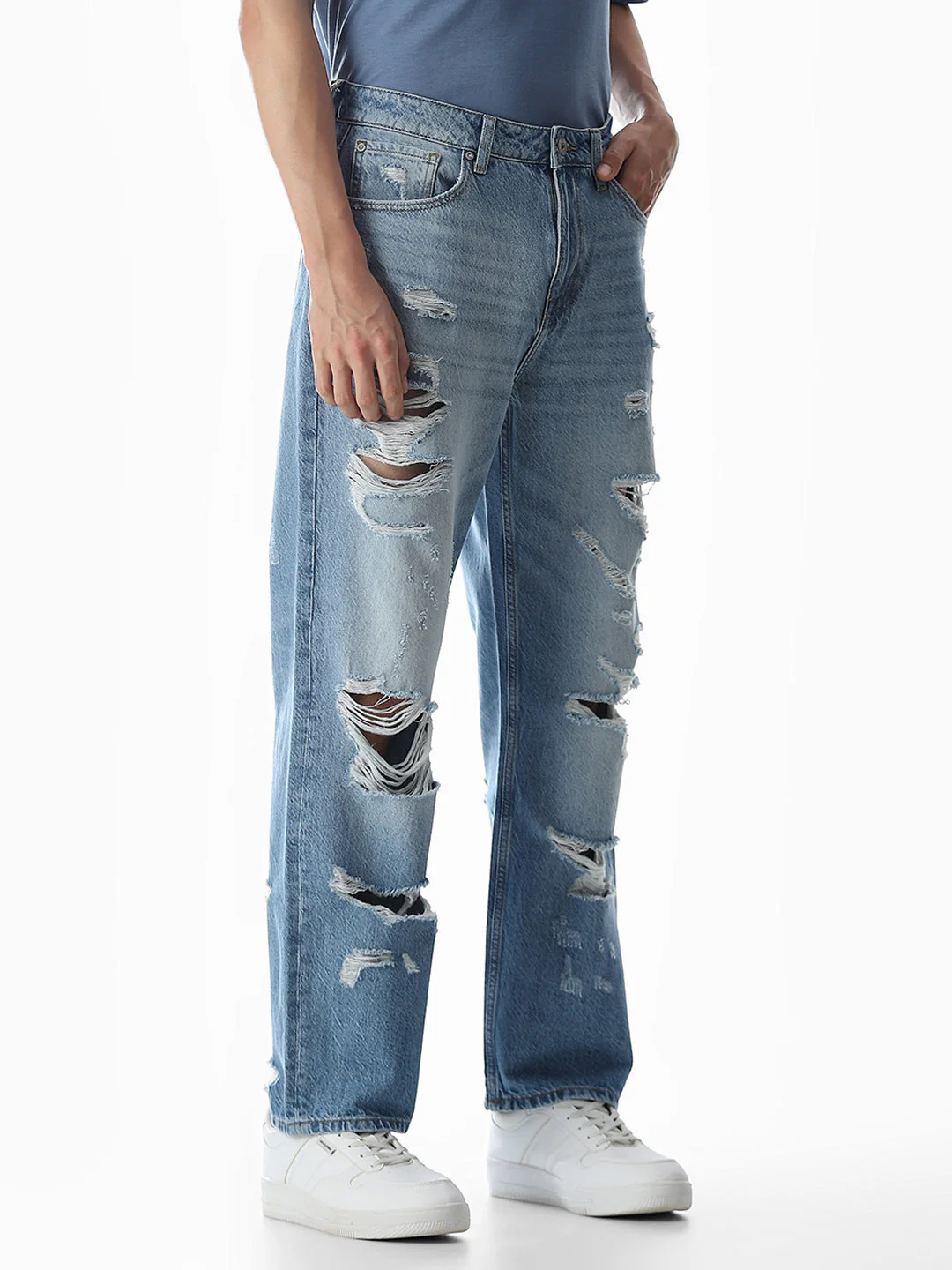 Light Blue Heavily Distressed Eddie Loose Fit Jeans - Image 2