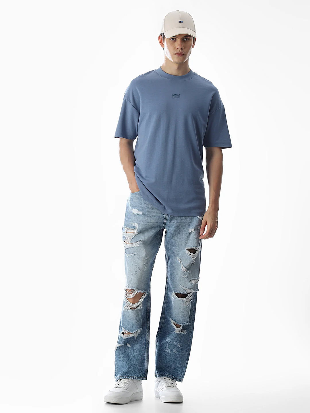 Light Blue Heavily Distressed Eddie Loose Fit Jeans - Image 6