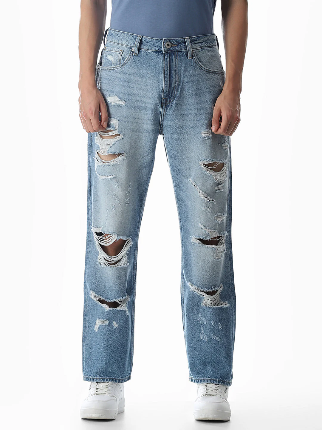 Light Blue Heavily Distressed Eddie Loose Fit Jeans - Image 8