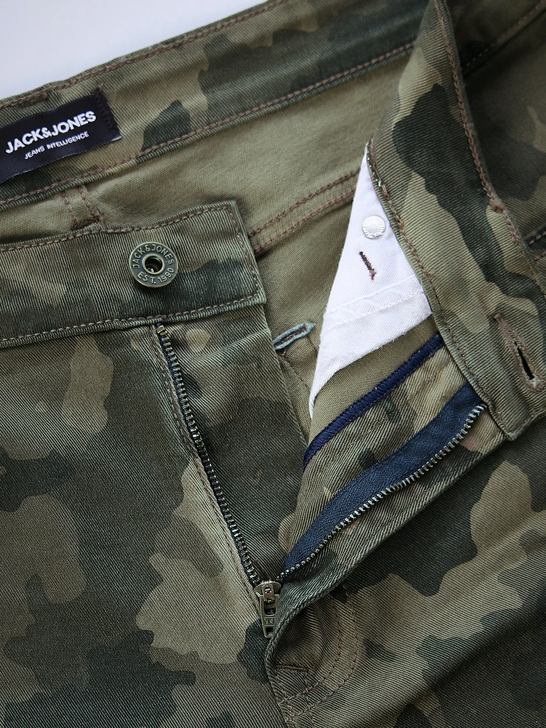 Olive Green Camo Print Slim Fit Jeans - Image 5