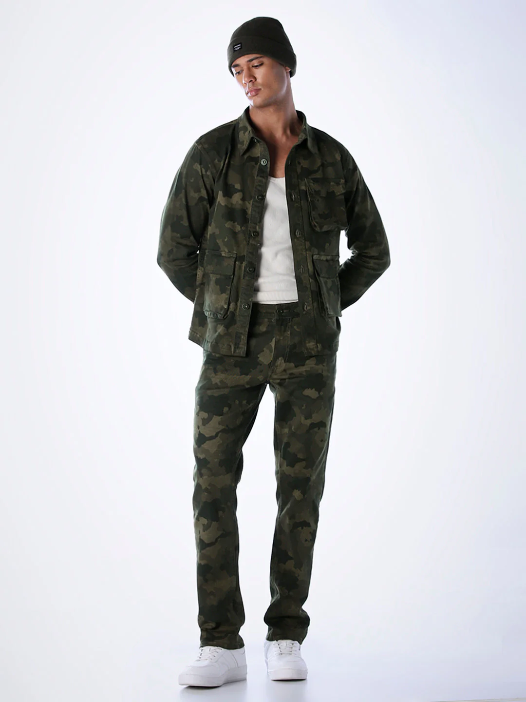 Olive Green Camo Print Slim Fit Jeans - Image 6