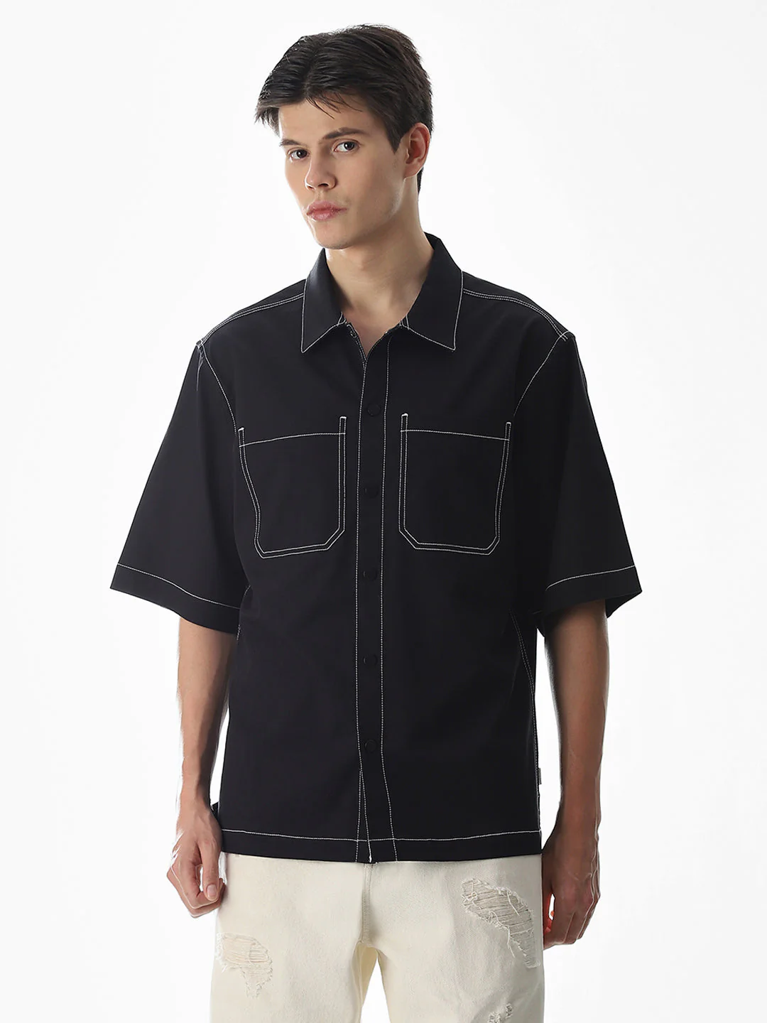 Black Contrast Stitch Oversized Shirt - Image 2
