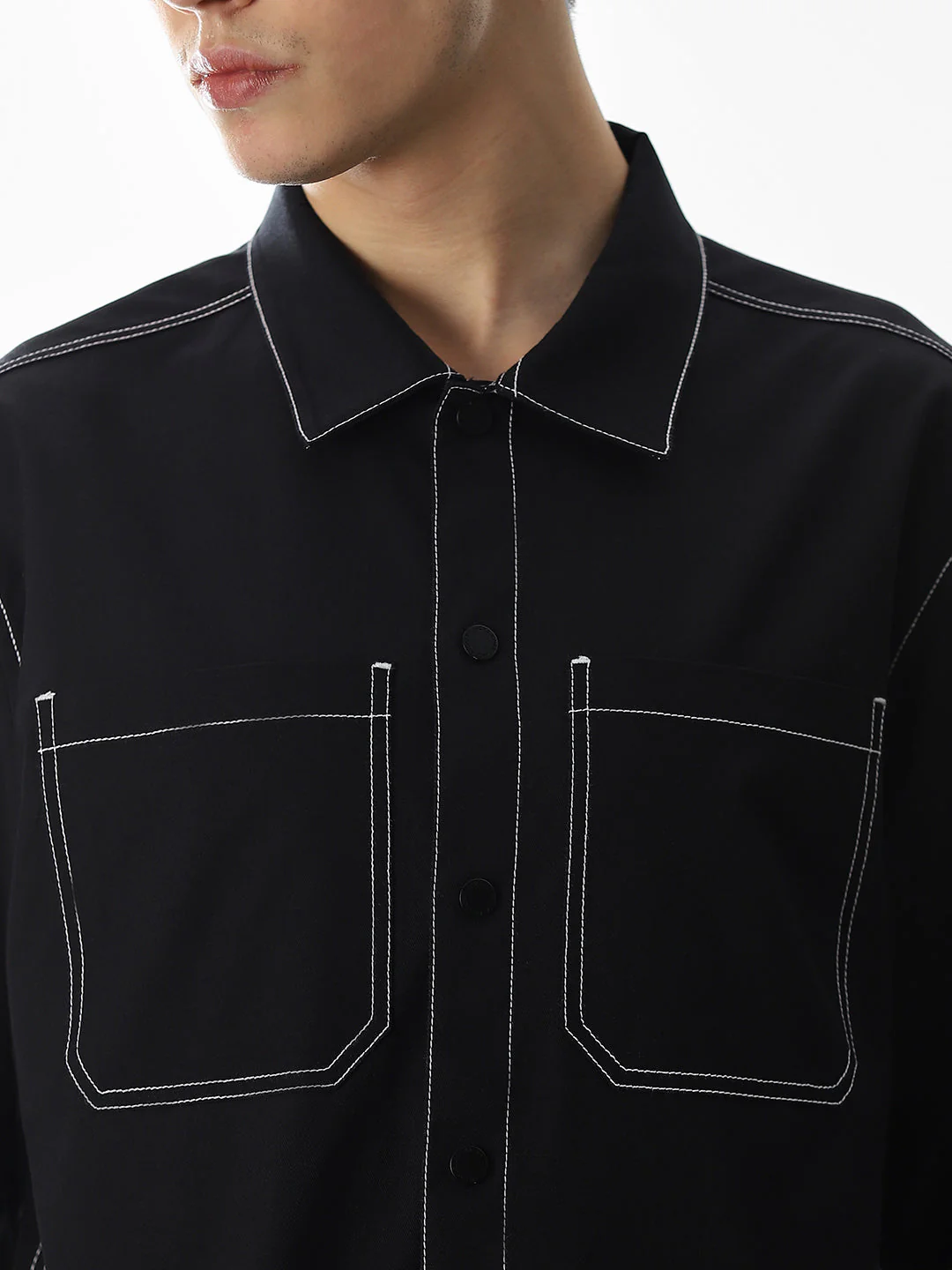 Black Contrast Stitch Oversized Shirt - Image 5