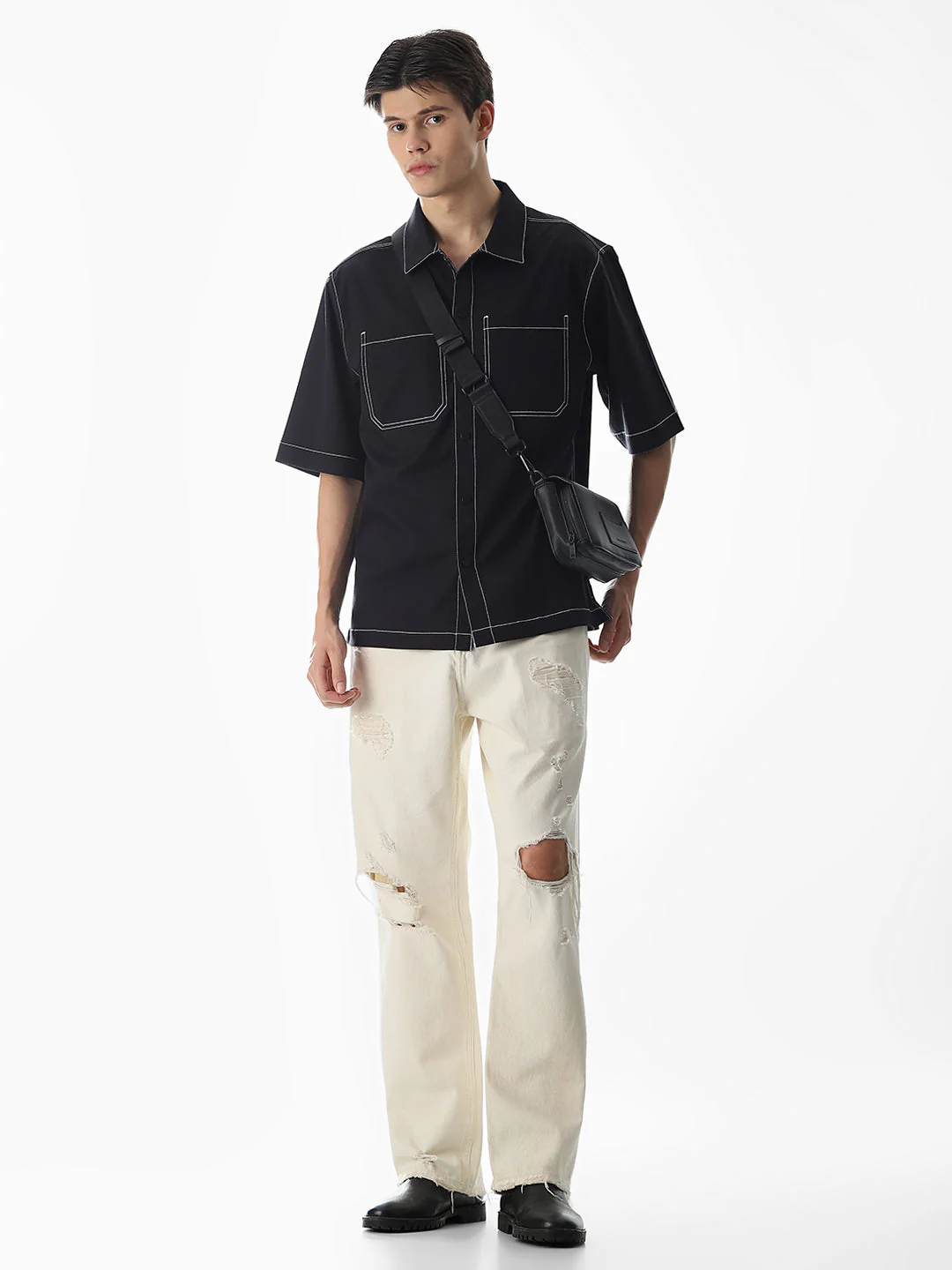 Black Contrast Stitch Oversized Shirt - Image 6