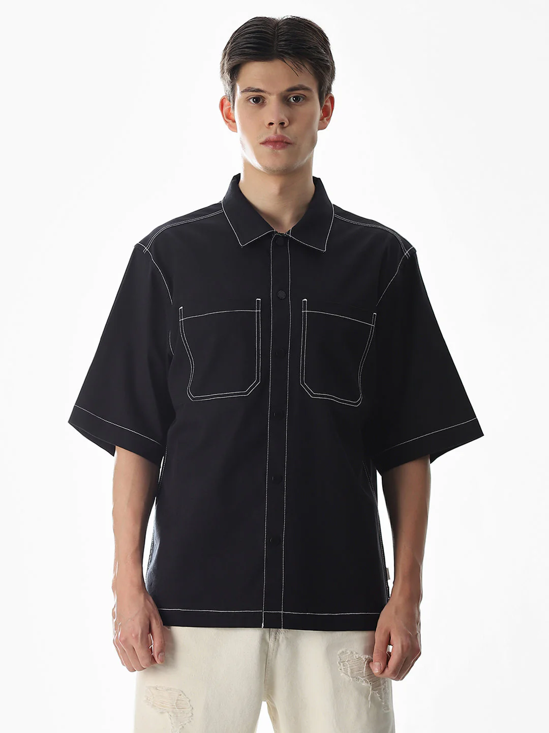 Black Contrast Stitch Oversized Shirt - Image 8
