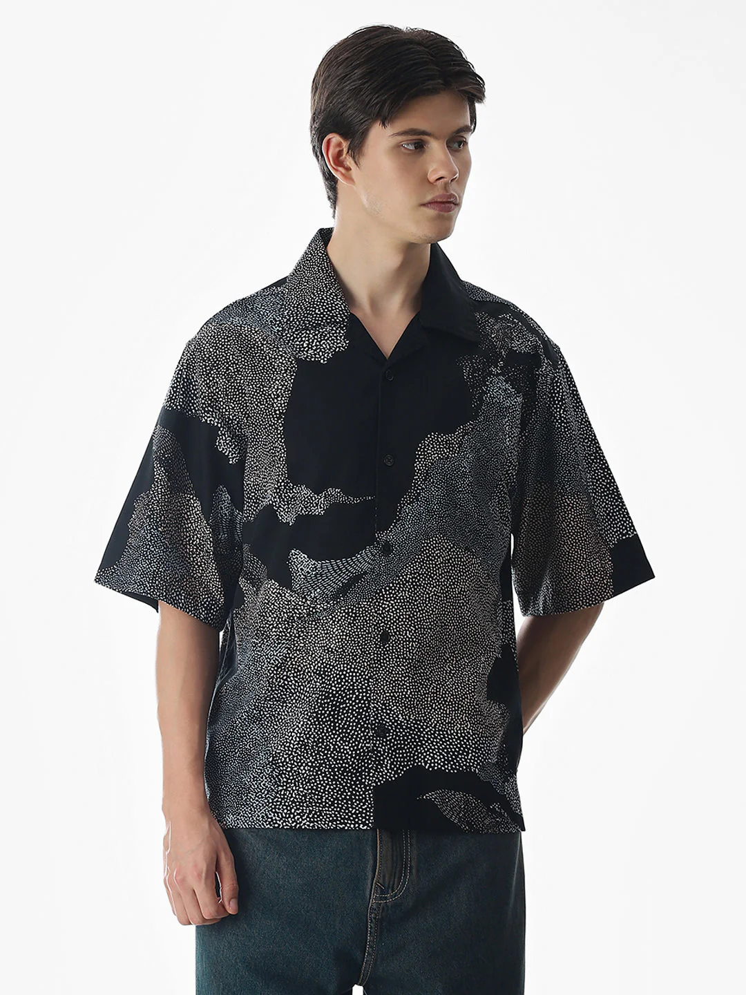 Black Printed Cotton Oversized Shirt - Image 2