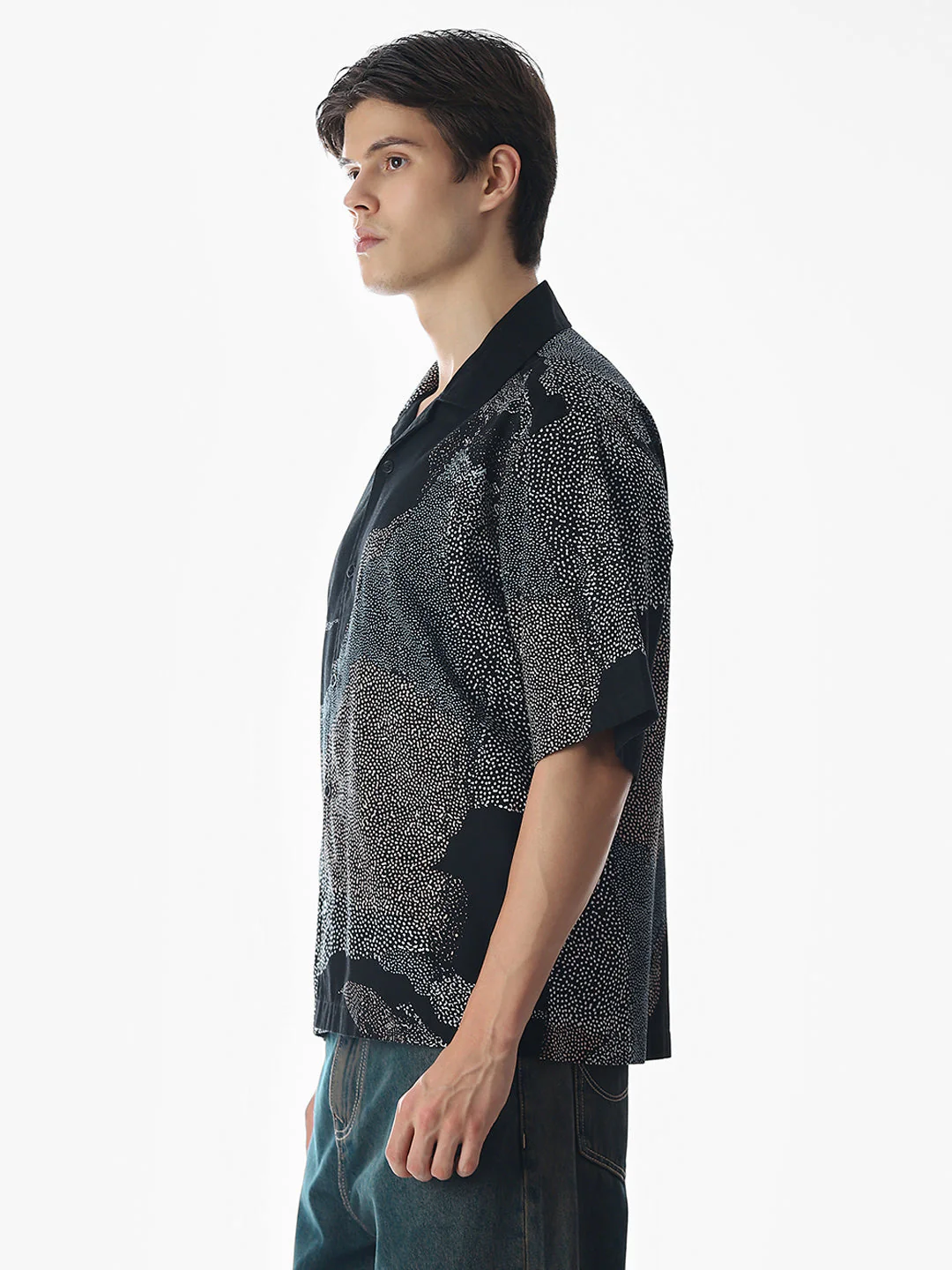 Black Printed Cotton Oversized Shirt - Image 3