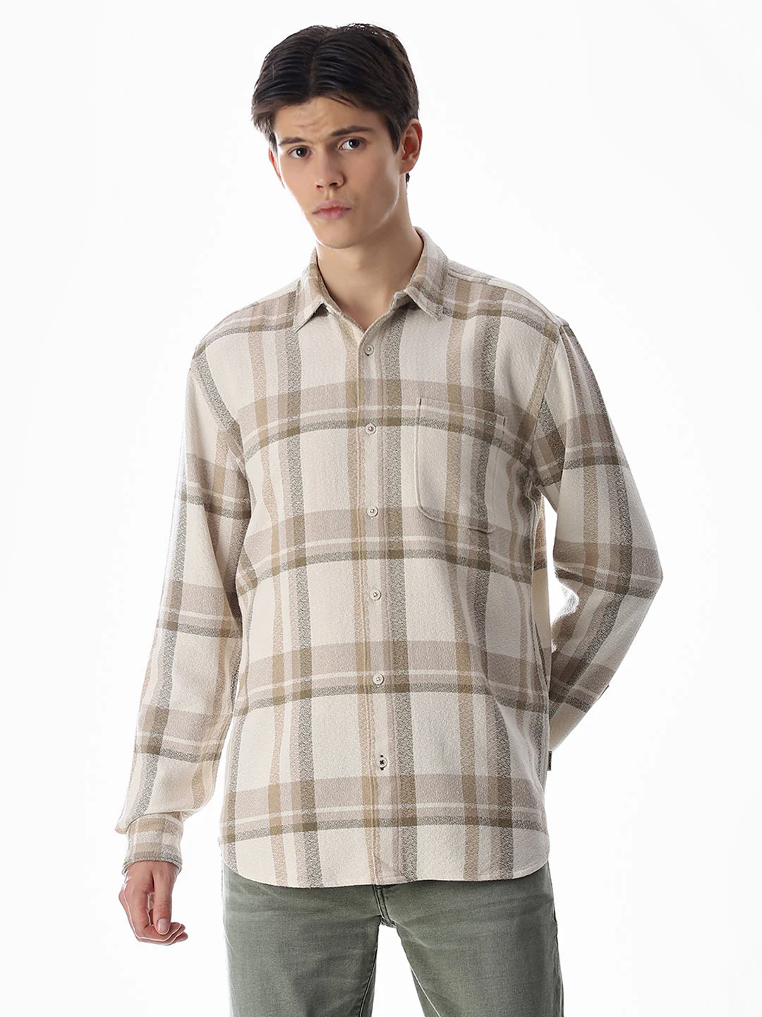 Beige Check Cotton Shirt - Image 2