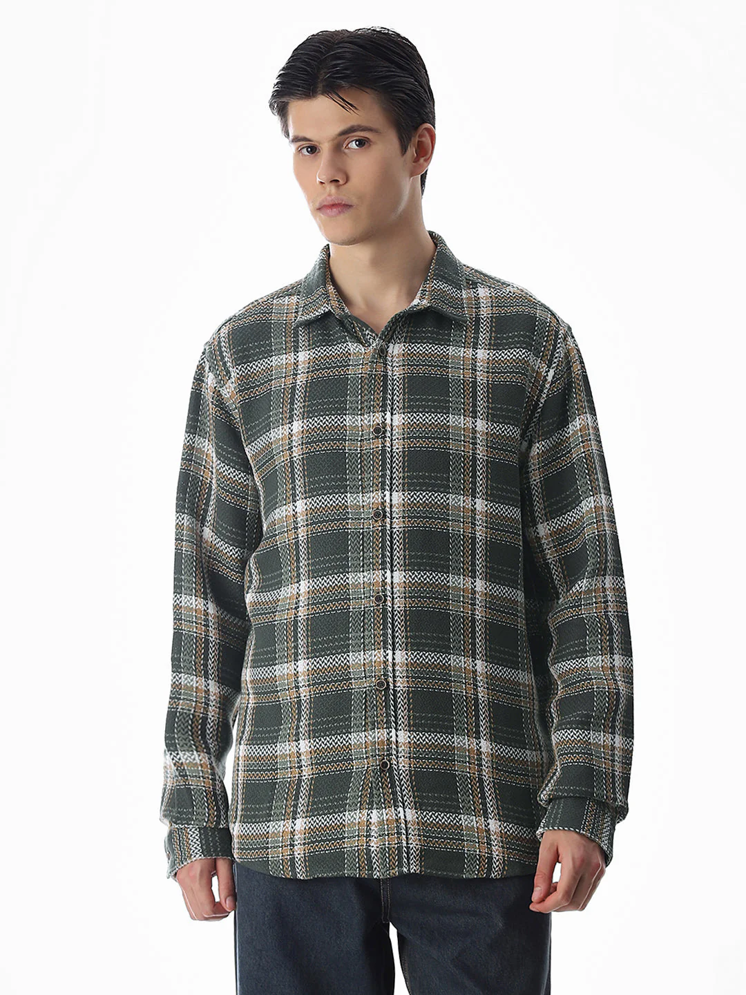 Dark Green Check Cotton Shirt - Image 2