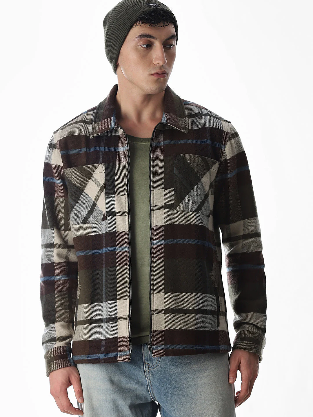 Check Zip-Up Oversized Shirt