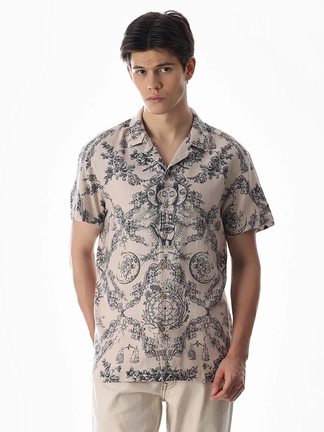 Beige Printed Comfort Fit Shirt - Image 2