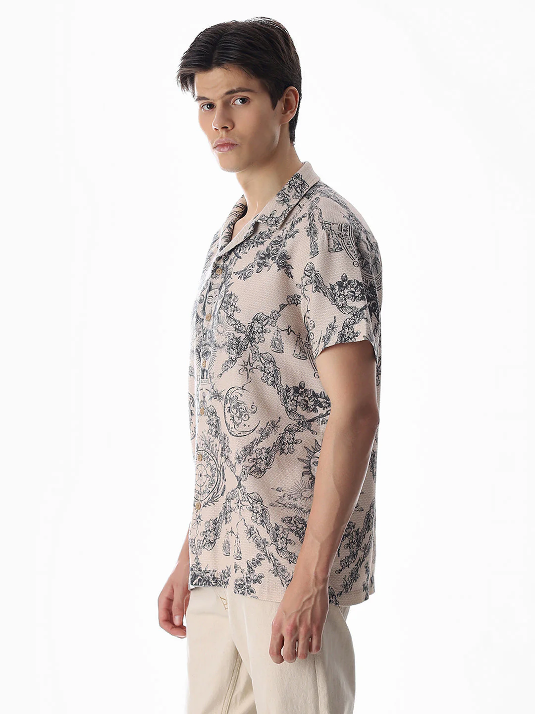 Beige Printed Comfort Fit Shirt - Image 3