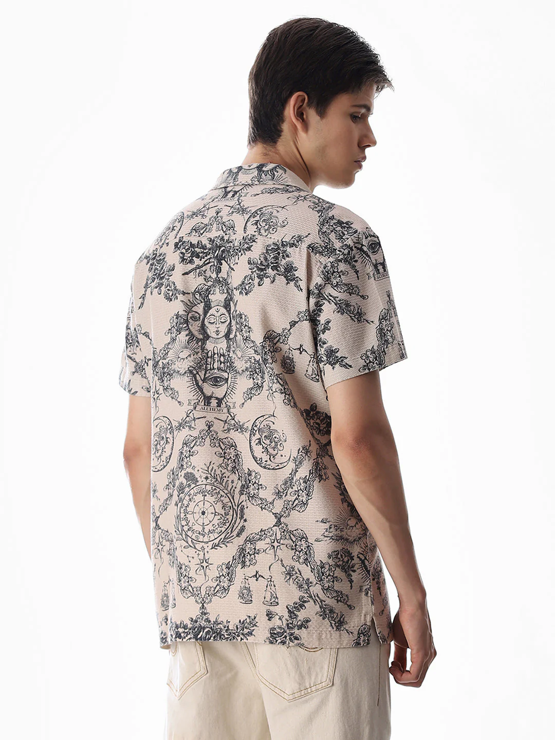 Beige Printed Comfort Fit Shirt - Image 4