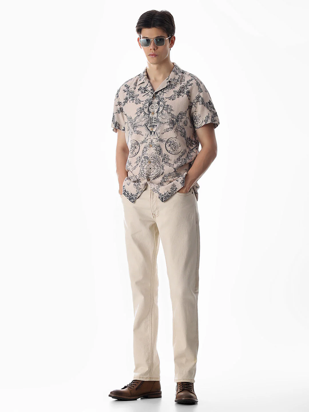 Beige Printed Comfort Fit Shirt - Image 6