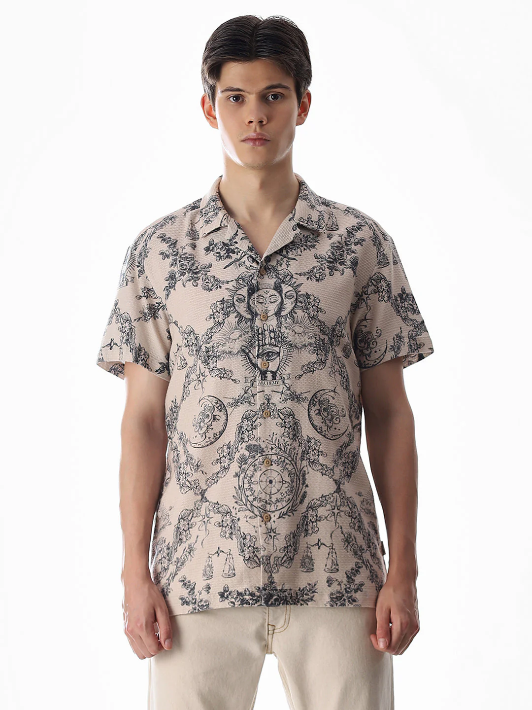 Beige Printed Comfort Fit Shirt - Image 8