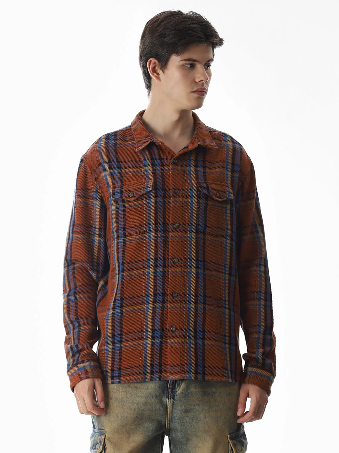 Dark Brown Check Print Overshirt - Image 2